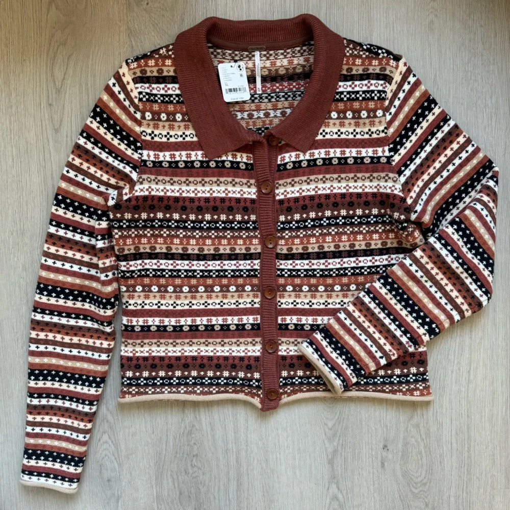 NWT FREE PEOPLE Oak and Pine Brown Black Women's Cardigan Sweater Size XL